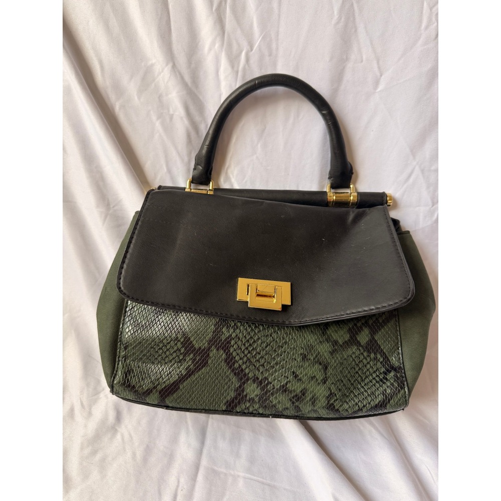 Black and Olive Green Faux Snakeskin Embossed Satchel Handbag Gold Hardware